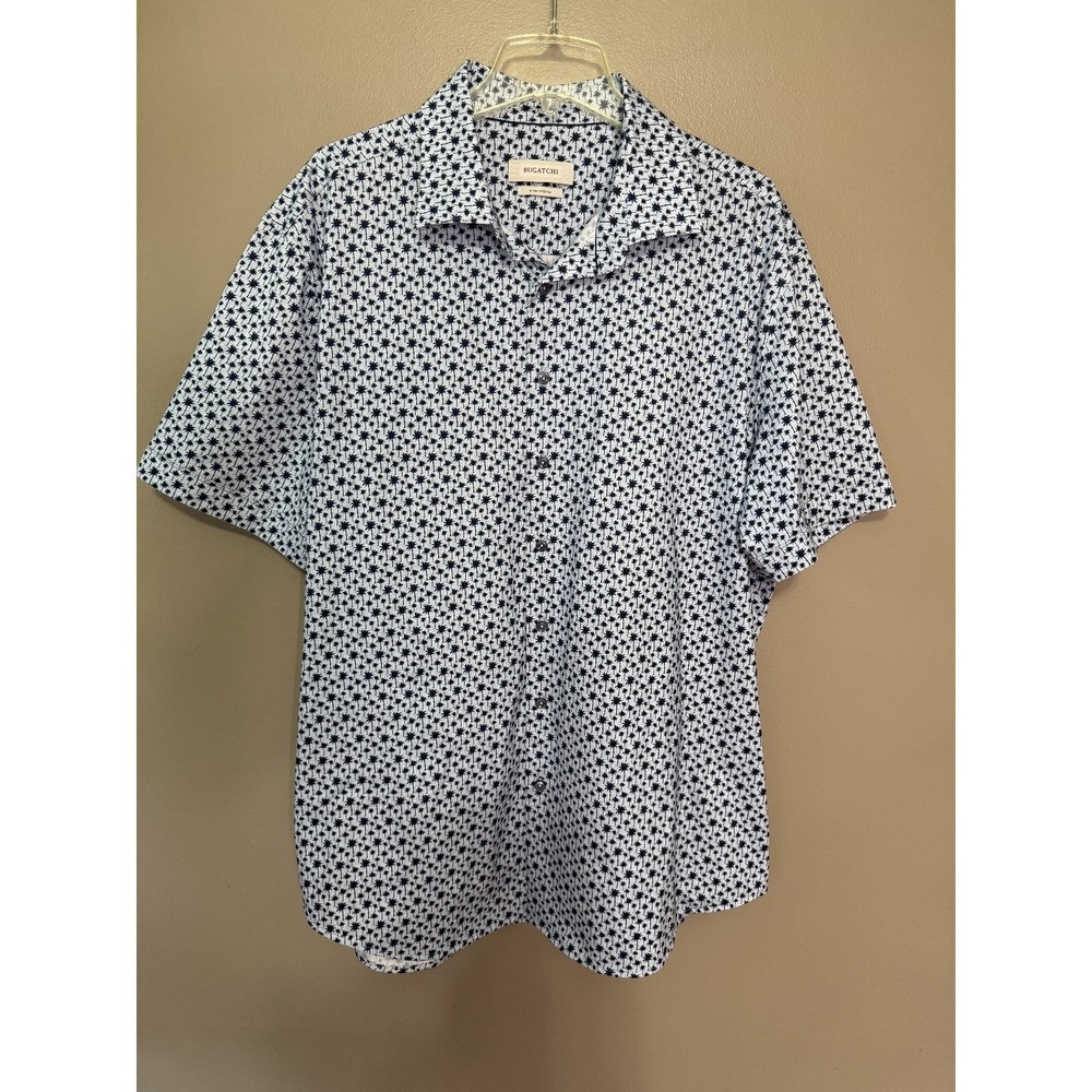 Bugatchi Uomo Mens 8-Way Stretch Short Sleeve Button Up Shirt XXL Palm Tree Blue